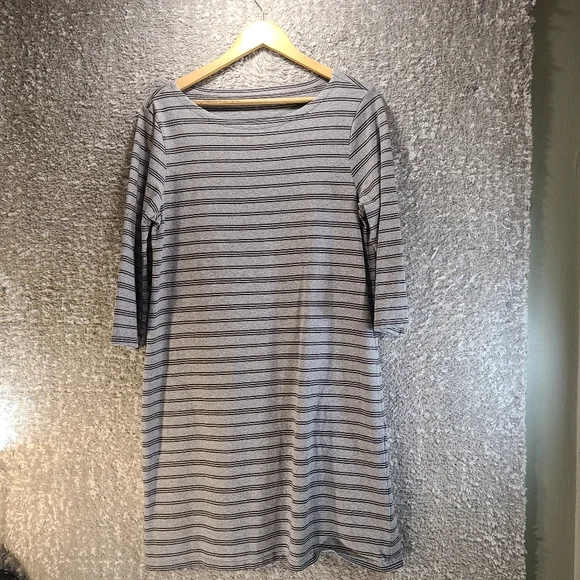 Garnet Hill Dress Gray Striped Organic Cotton Casual Shift Boat Neck Size 12